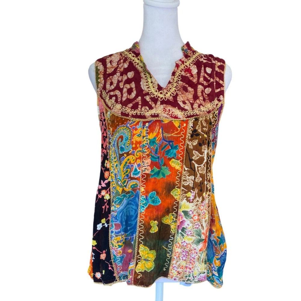 Y2K Patchwork Oriental Tank Top OS Boho Festival‎ Hippie Bohemian Butterfly 90s